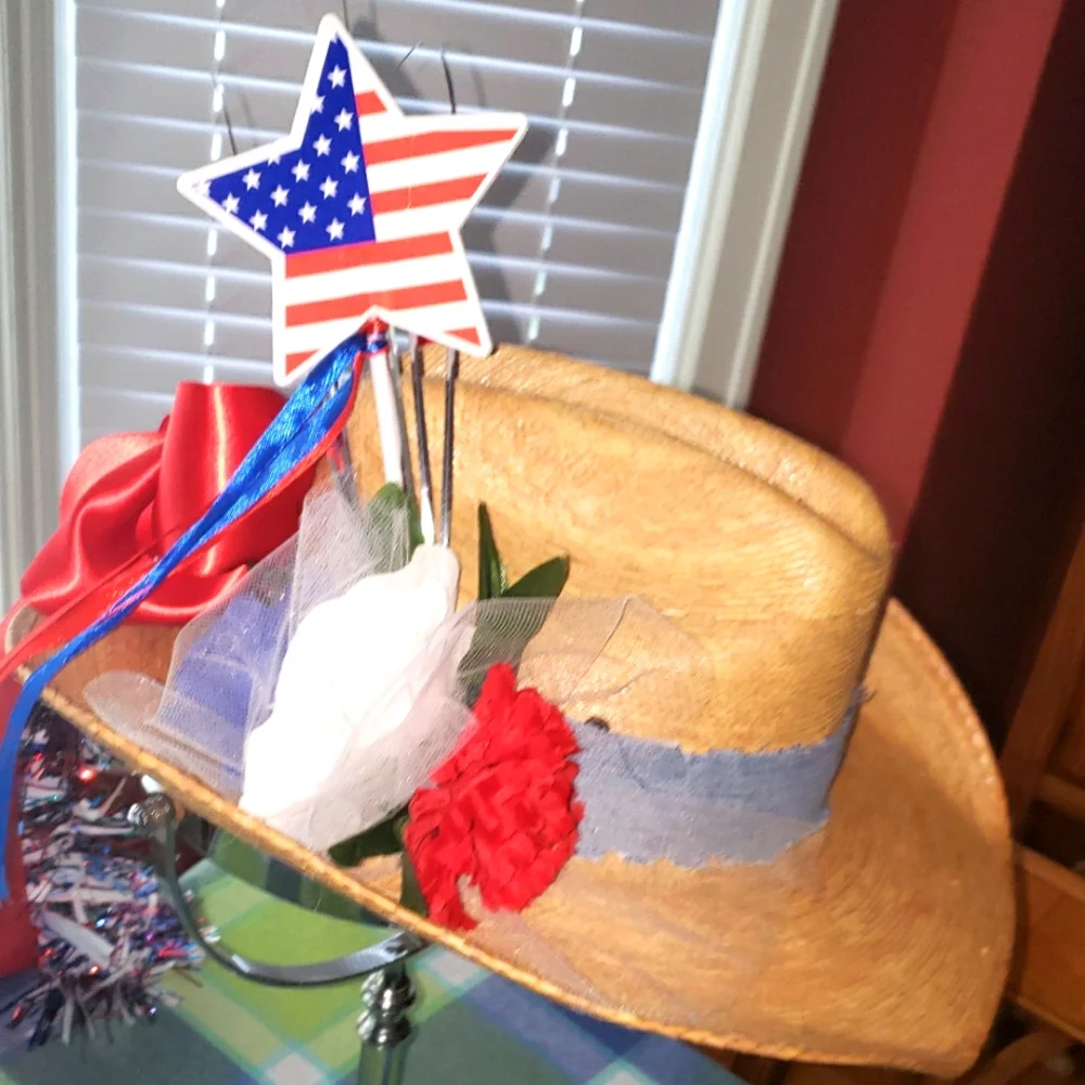 Patriotic Straw Party Hat with Star Decoration